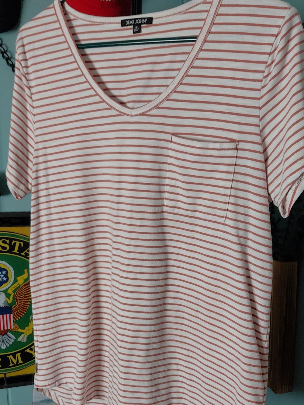 Dear John Pink Striped V-Neck Pocket Tee